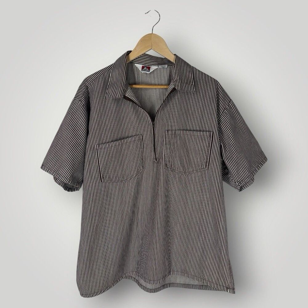 Ben Davis VTG Y2K Brown Railroad Striped Zip Up Workwear Shirt Short Sleeves XL